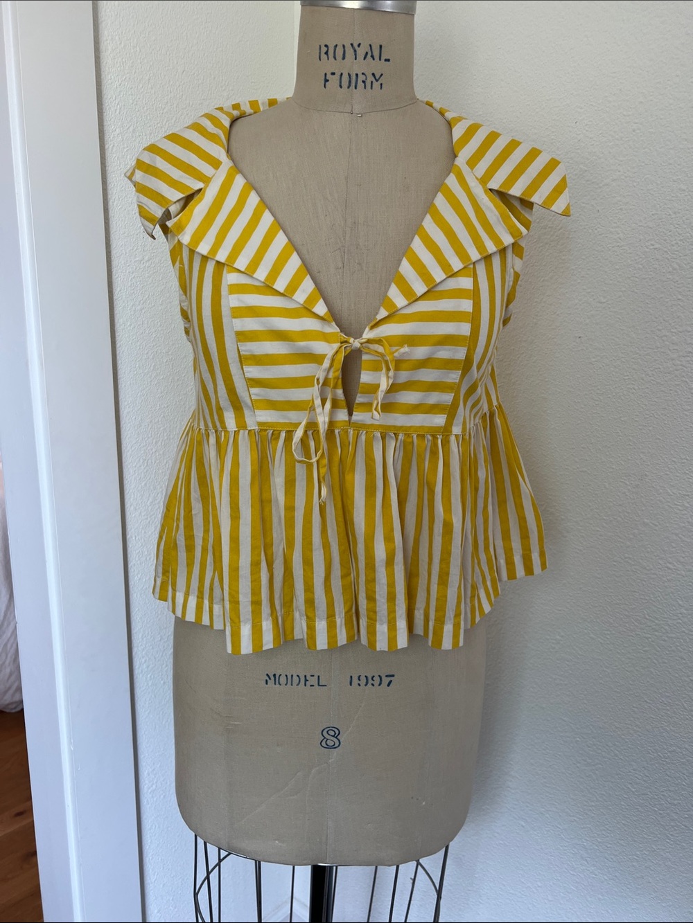 Anthropologie Yellow and White Striped Tie-Front Peplum Blouse